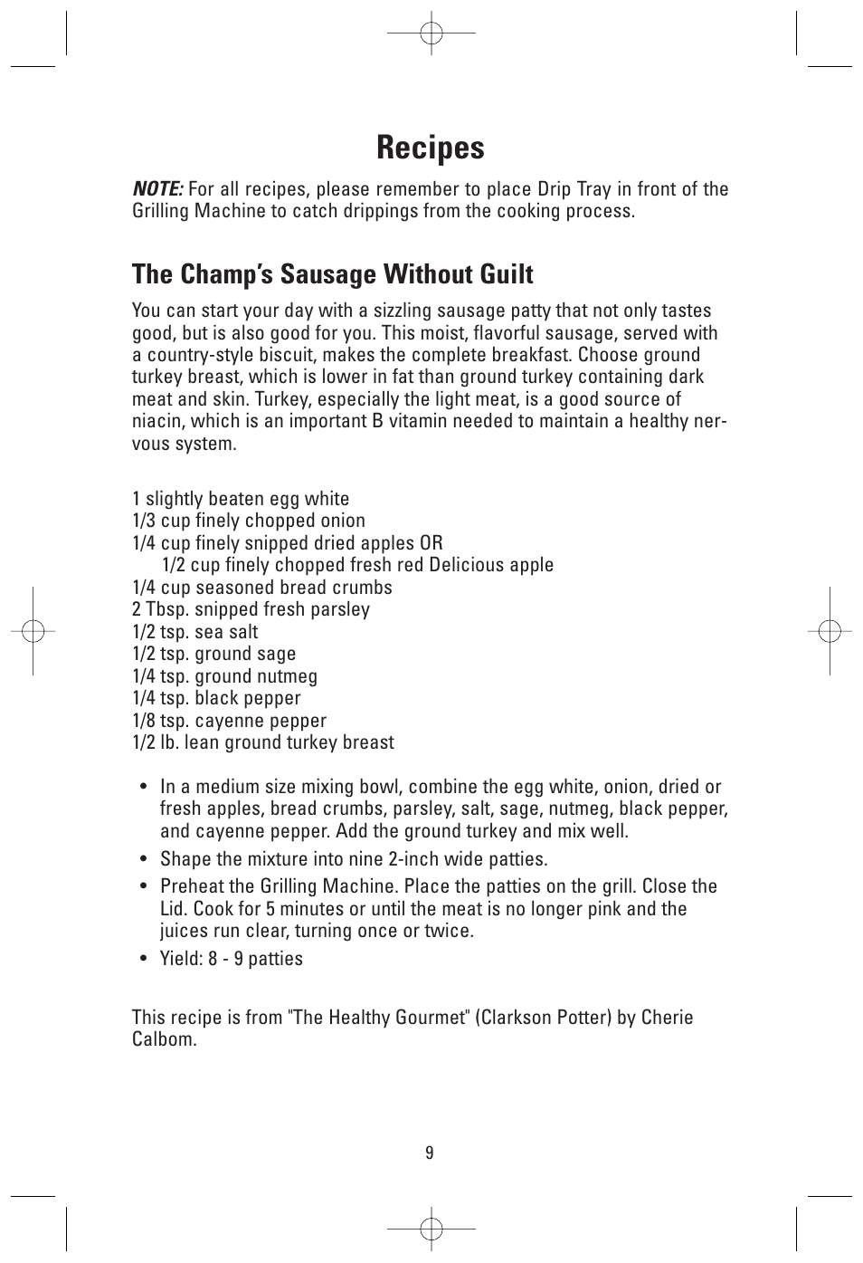 Recipes, The champ’s sausage without guilt | Toastmaster GRV160S User Manual | Page 9 / 16