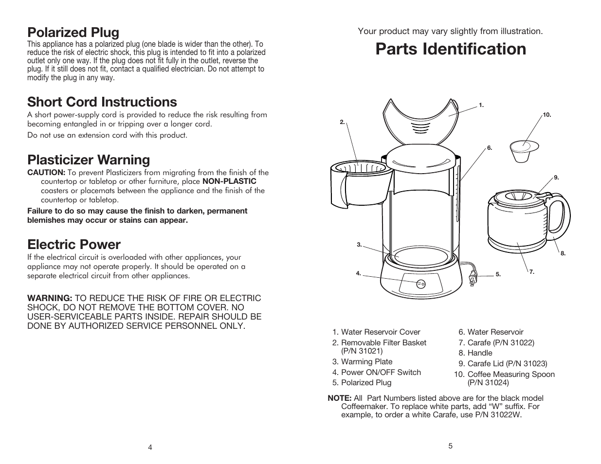 Parts identification, Polarized plug, Short cord instructions | Plasticizer warning, Electric power | Toastmaster MECM12WHTCAN User Manual | Page 5 / 10