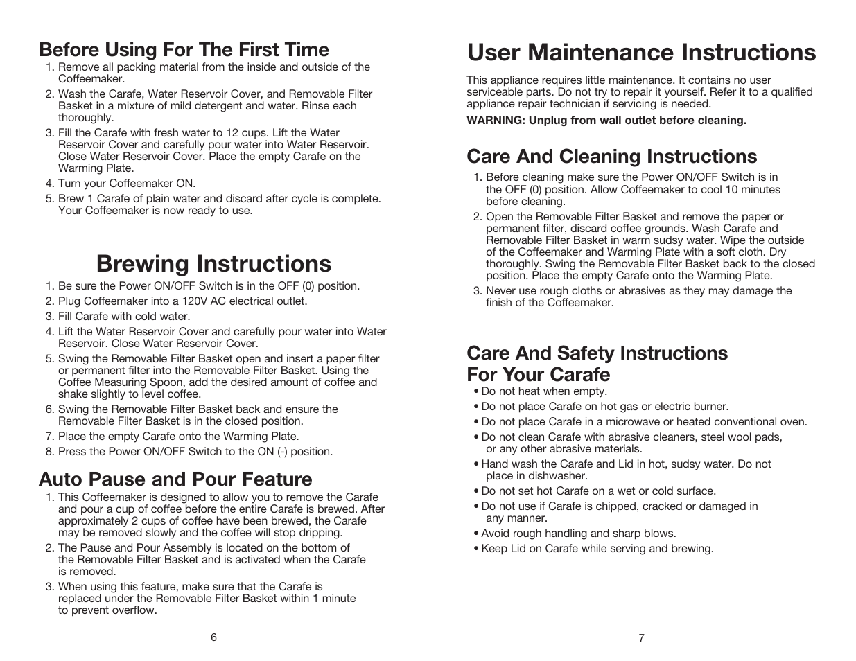 User maintenance instructions, Brewing instructions, Care and cleaning instructions | Care and safety instructions for your carafe, Before using for the first time, Auto pause and pour feature | Toastmaster MECM12WHTCAN User Manual | Page 7 / 10