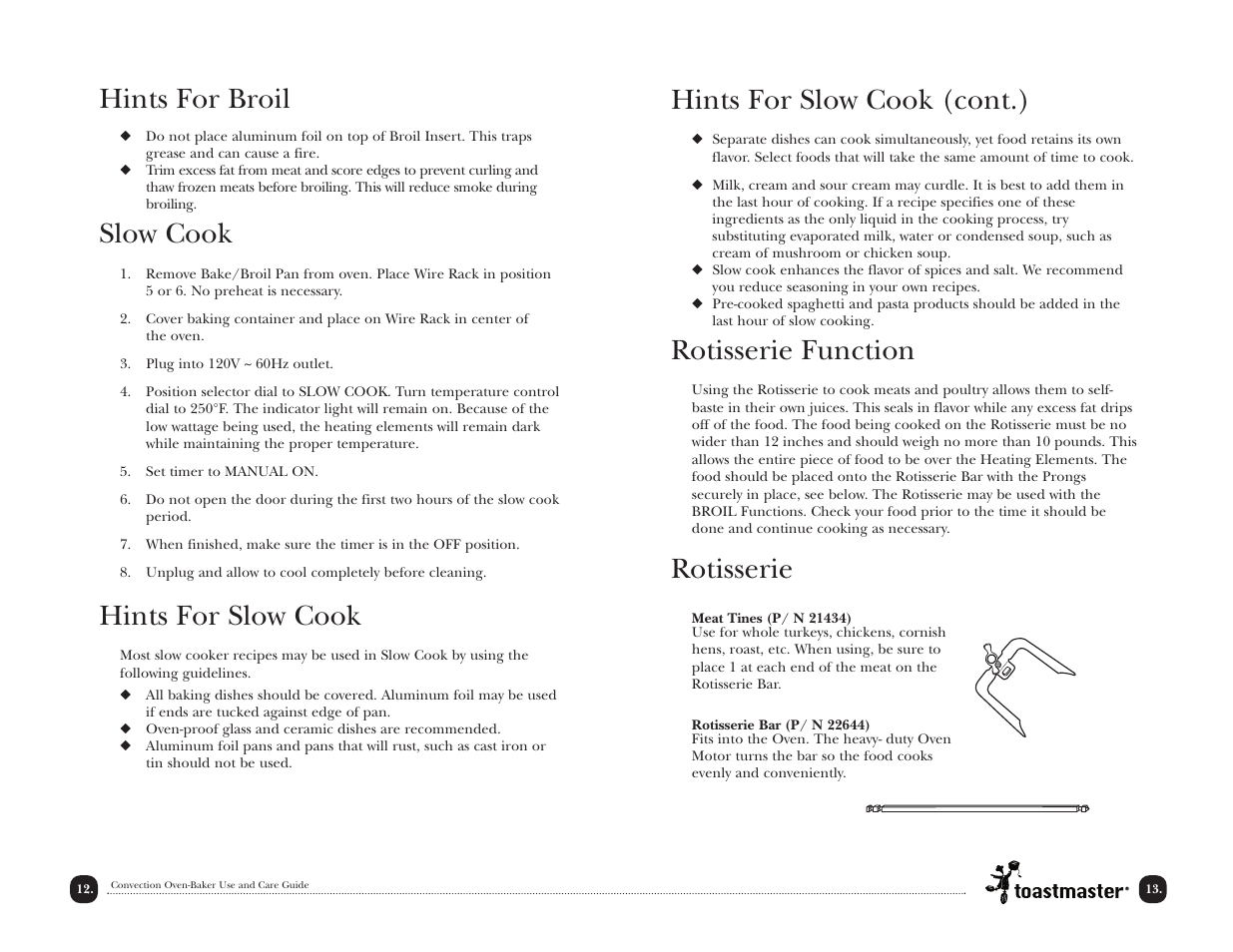 Hints for slow cook (cont.), Rotisserie function, Rotisserie | Hints for broil, Slow cook, Hints for slow cook | Toastmaster TCOV6RCAN User Manual | Page 13 / 33