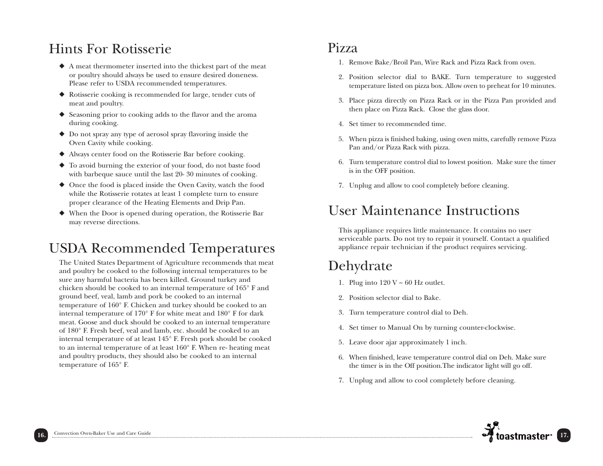 Pizza, User maintenance instructions, Dehydrate | Hints for rotisserie, Usda recommended temperatures | Toastmaster TCOV6RCAN User Manual | Page 17 / 33