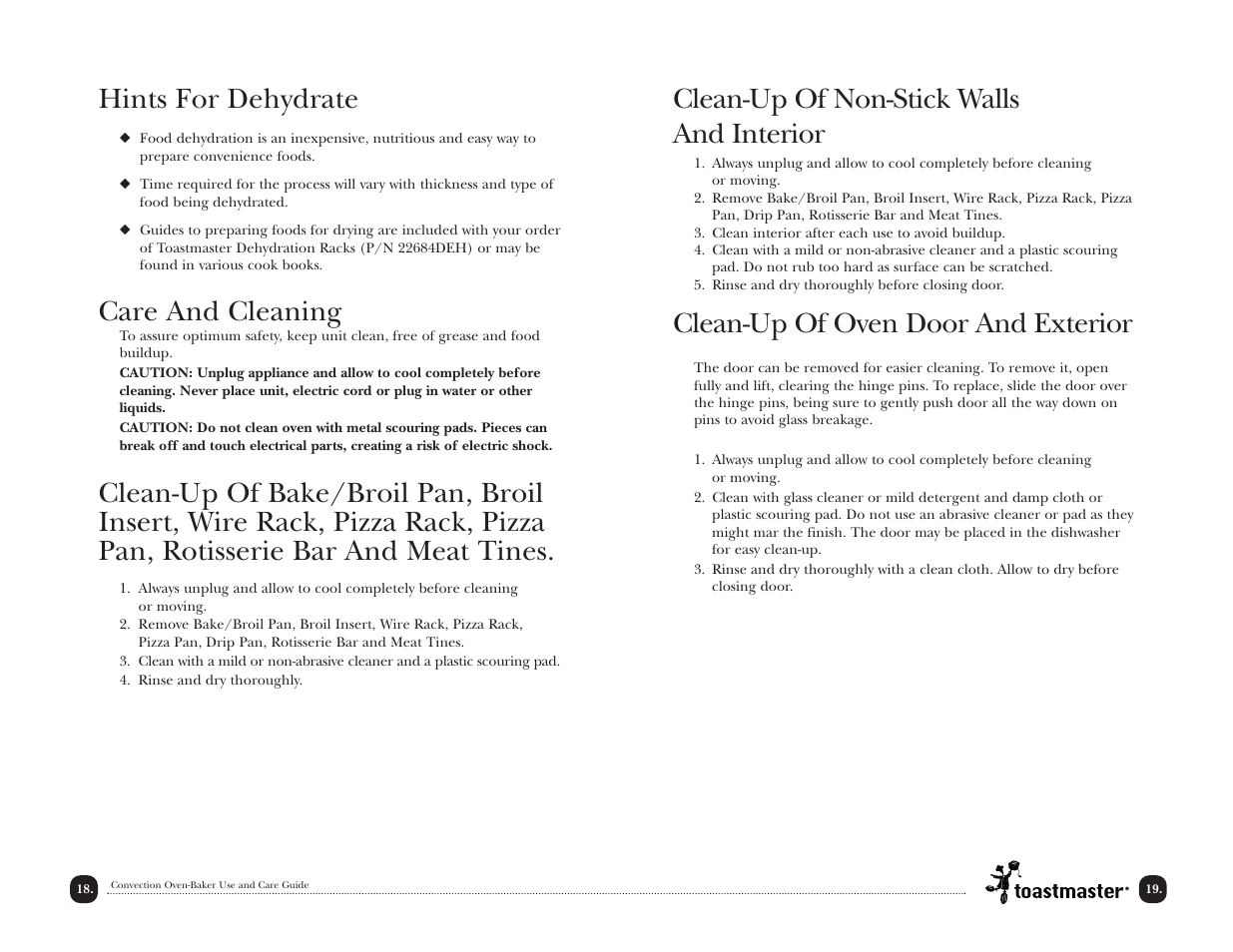Clean-up of non-stick walls and interior, Clean-up of oven door and exterior, Hints for dehydrate | Care and cleaning | Toastmaster TCOV6RCAN User Manual | Page 19 / 33