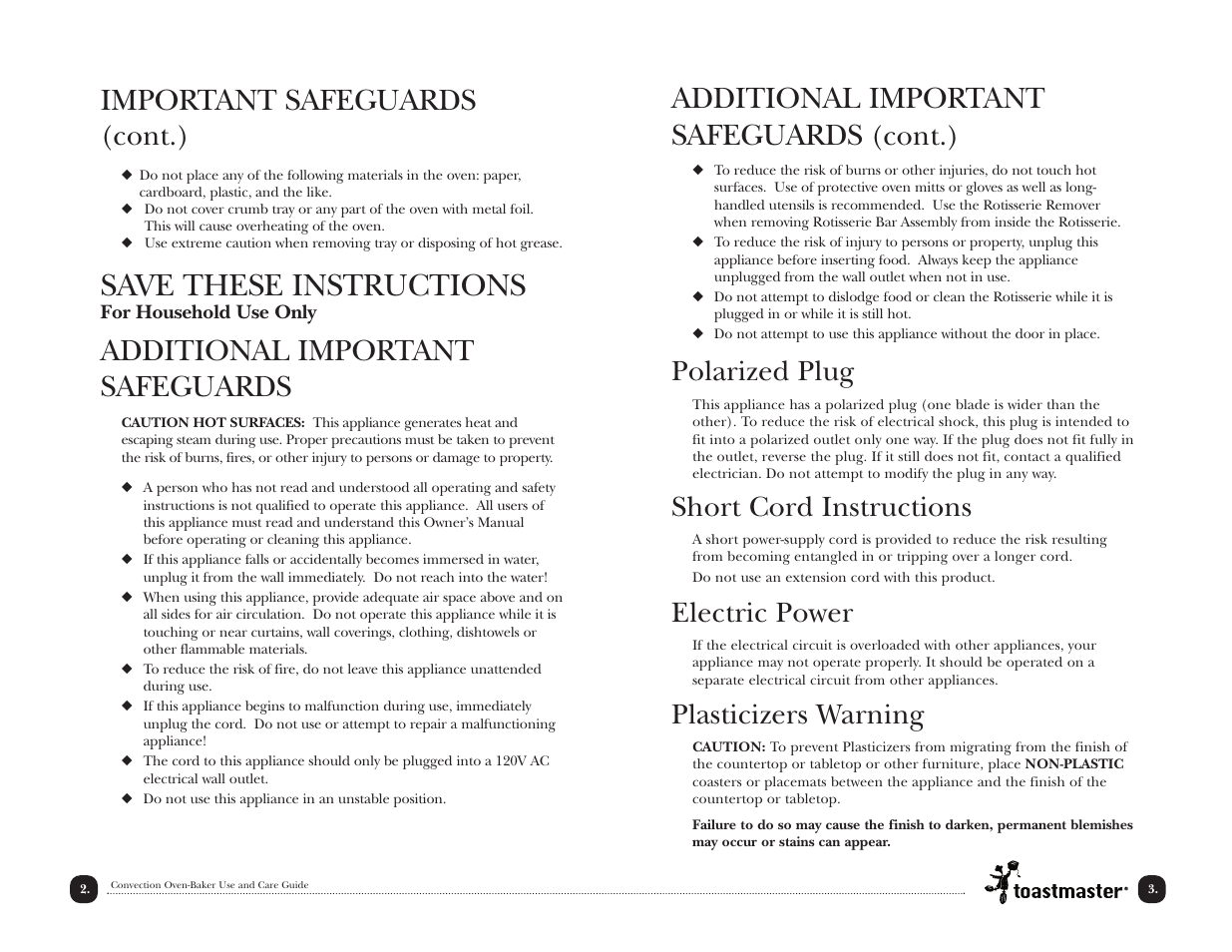 Save these instructions, Important safeguards, Additional important safeguards | Cont.), Polarized plug, Short cord instructions, Electric power, Plasticizers warning | Toastmaster TCOV6RCAN User Manual | Page 4 / 33