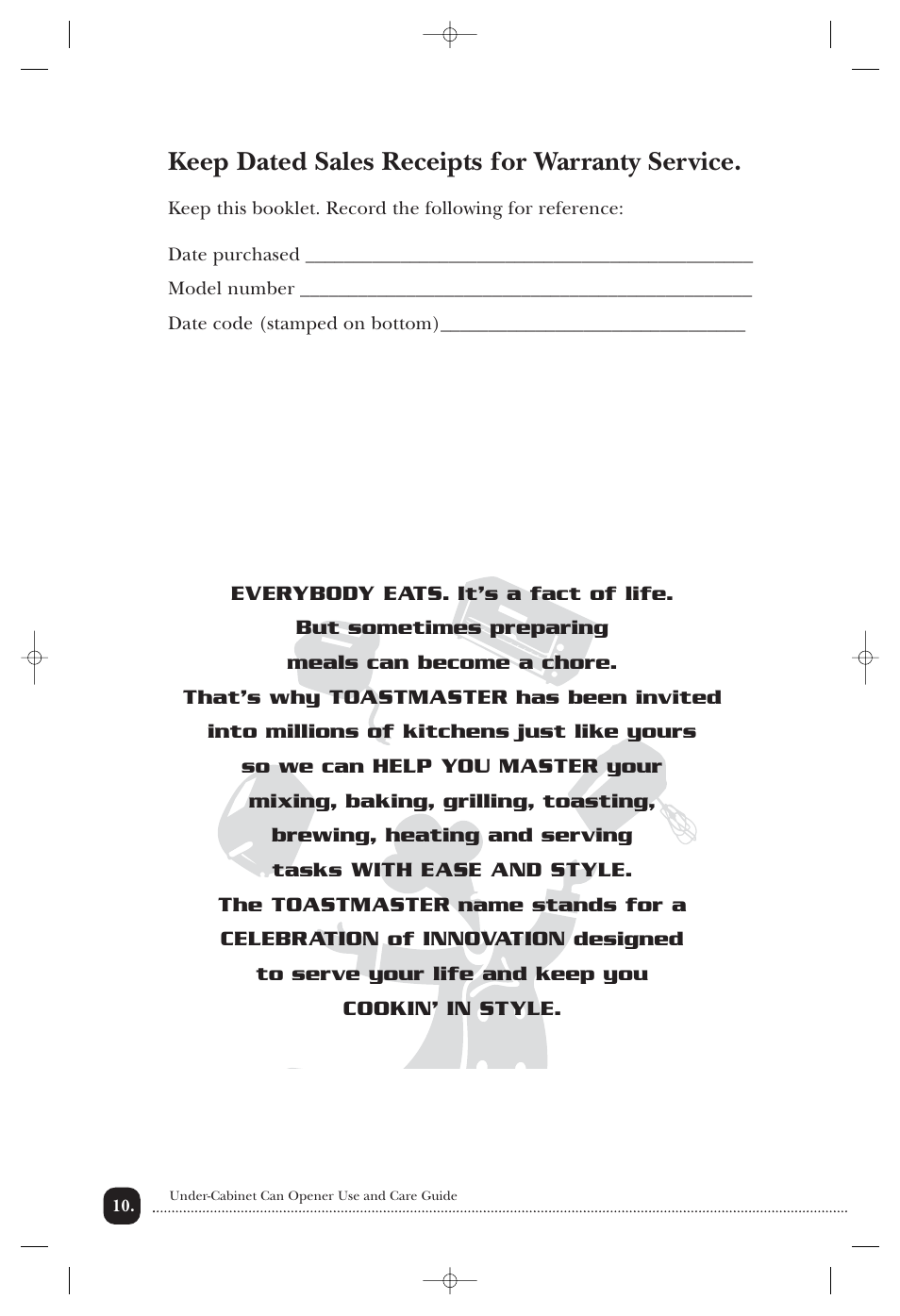 Keep dated sales receipts for warranty service | Toastmaster 2246CAN User Manual | Page 11 / 12