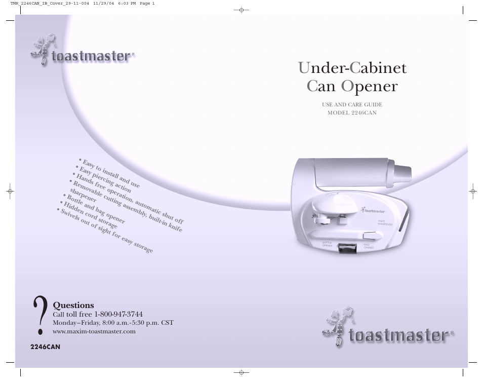 Under- c abinet c an o pener | Toastmaster 2246CAN User Manual | Page 12 / 12