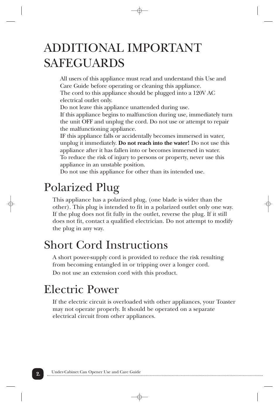 Additional important safeguards, Polarized plug, Short cord instructions | Electric power | Toastmaster 2246CAN User Manual | Page 3 / 12