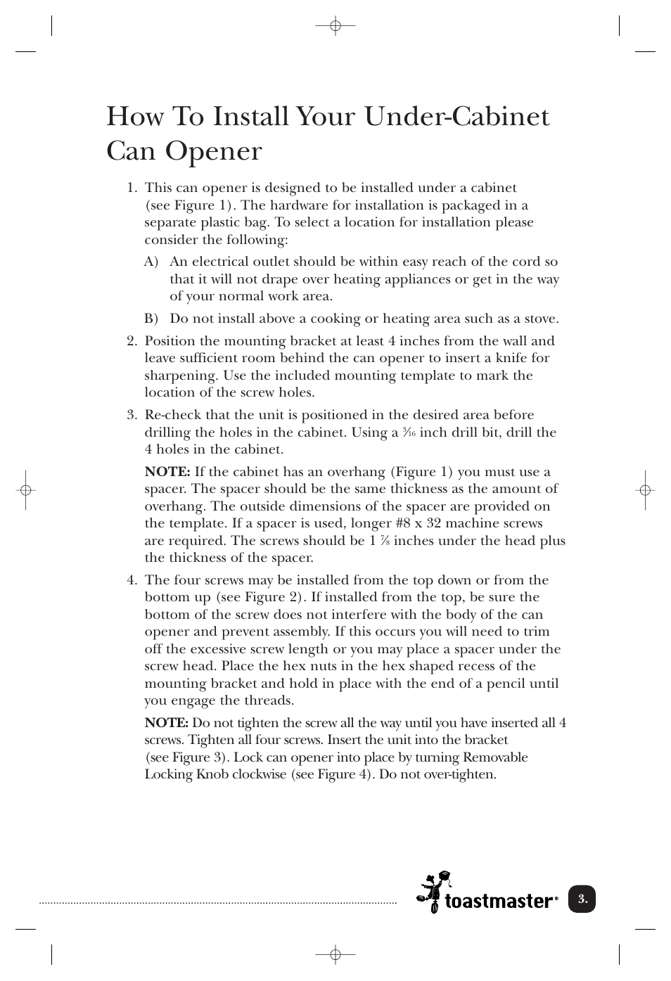 How to install your under-cabinet can opener | Toastmaster 2246CAN User Manual | Page 4 / 12