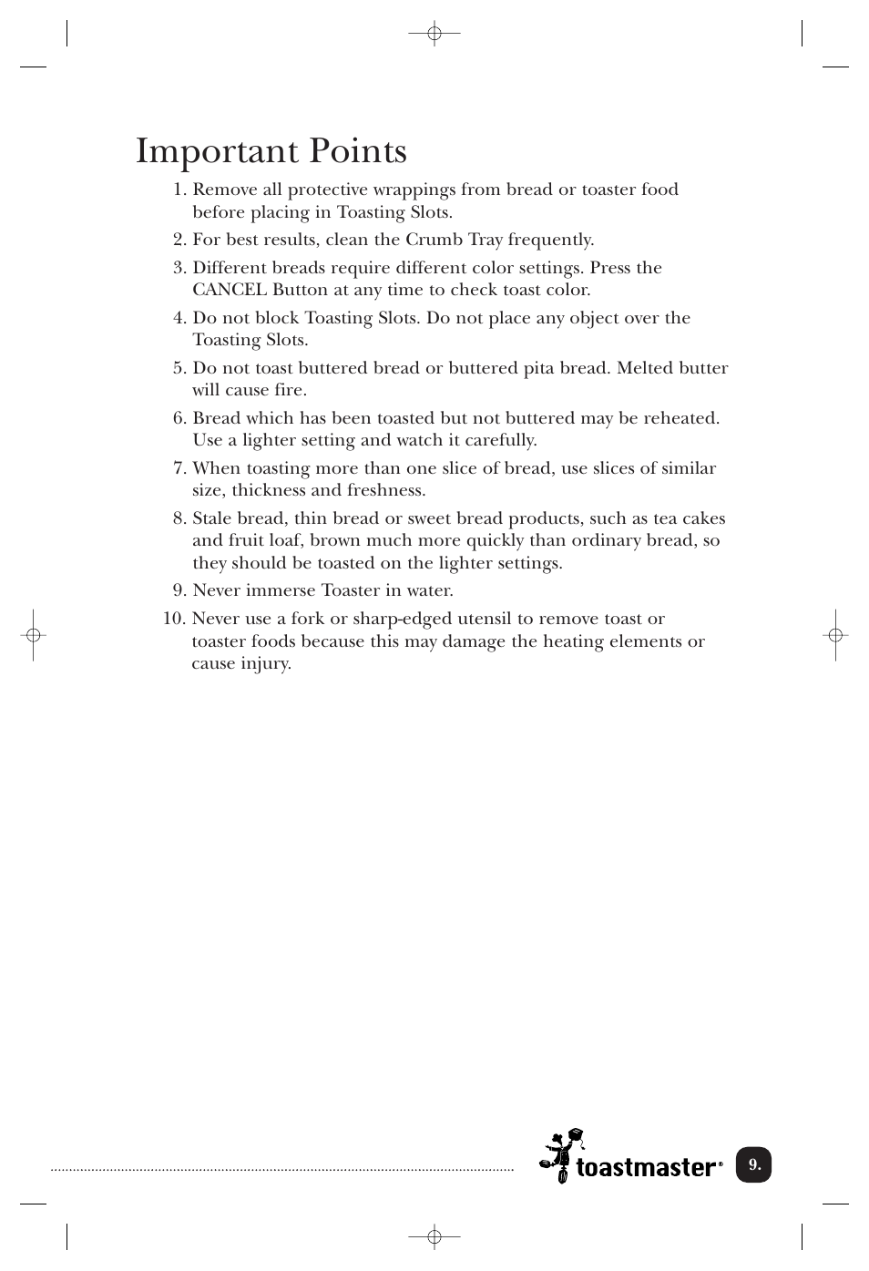 Important points | Toastmaster TMT2 User Manual | Page 10 / 14