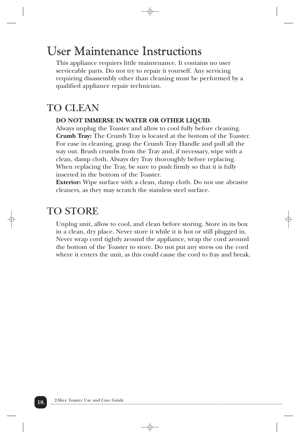 User maintenance instructions | Toastmaster TMT2 User Manual | Page 11 / 14