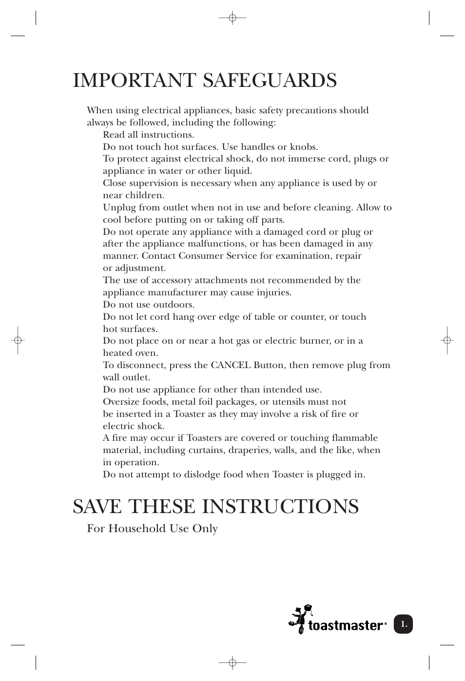 Important safeguards, Save these instructions | Toastmaster TMT2 User Manual | Page 2 / 14