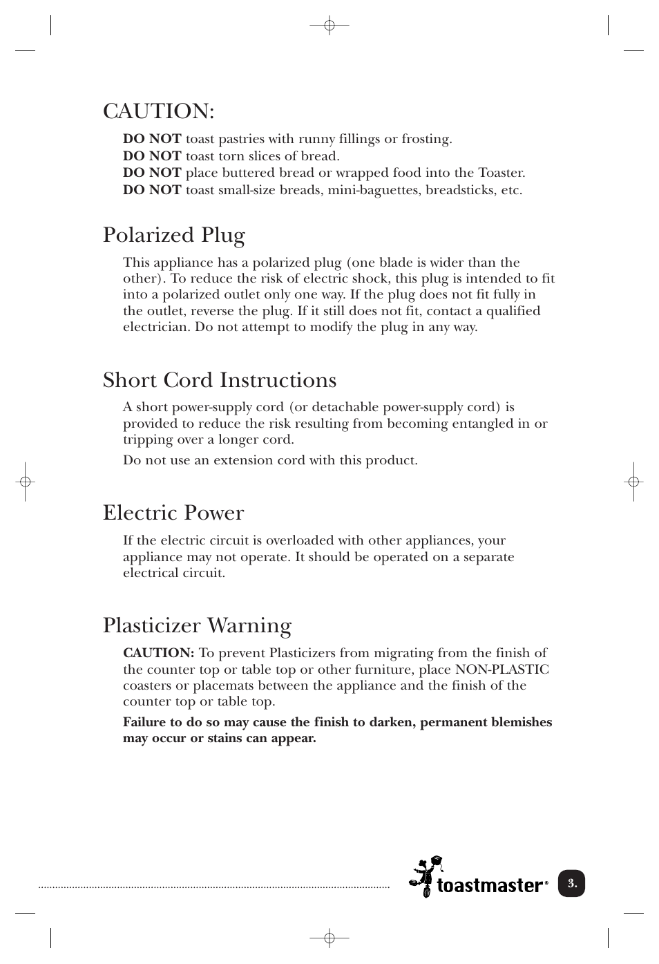 Caution, Polarized plug, Short cord instructions | Electric power, Plasticizer warning | Toastmaster TMT2 User Manual | Page 4 / 14