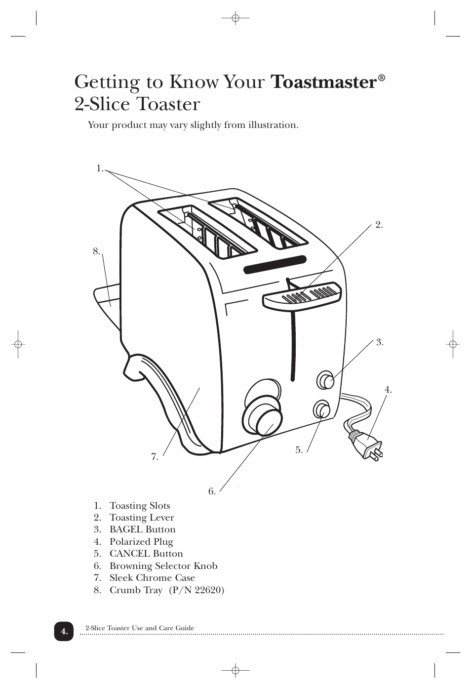 Getting to know your toastmaster, Slice toaster | Toastmaster TMT2 User Manual | Page 5 / 14