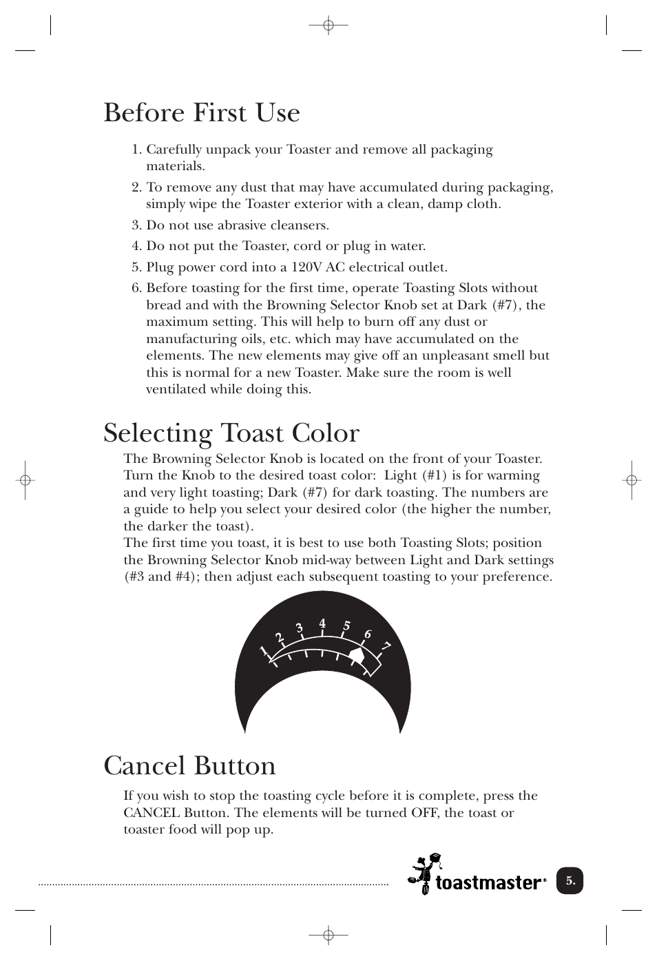 Before first use, Selecting toast color, Cancel button | Toastmaster TMT2 User Manual | Page 6 / 14