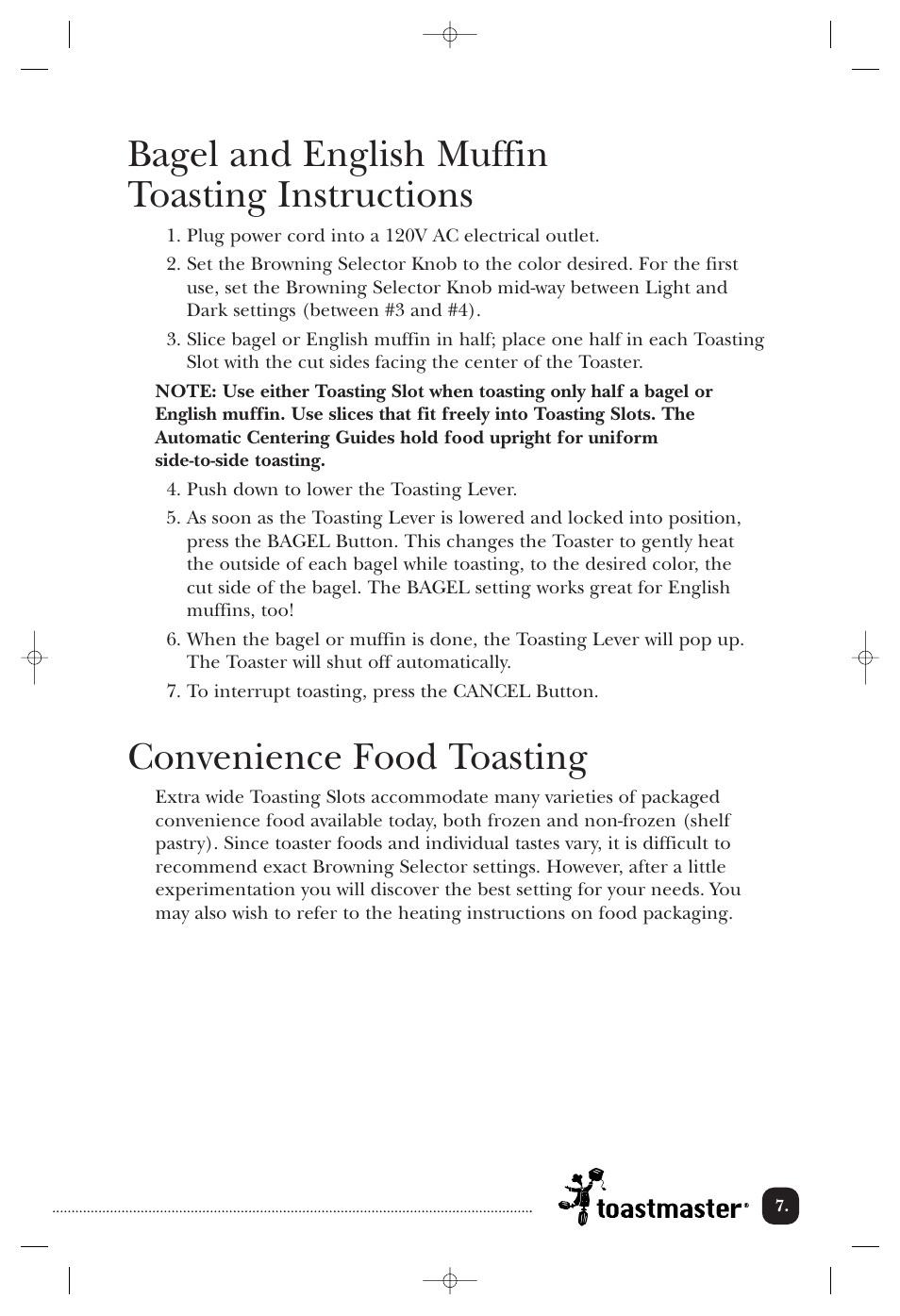 Bagel and english muffin toasting instructions, Convenience food toasting | Toastmaster TMT2 User Manual | Page 8 / 14