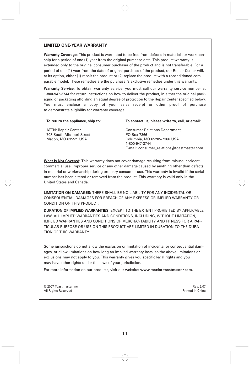 Toastmaster TMWB4BELWCAN User Manual | Page 11 / 11
