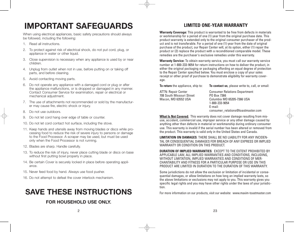 Important safeguards, Save these instructions | Toastmaster RRFP1A/T User Manual | Page 2 / 24