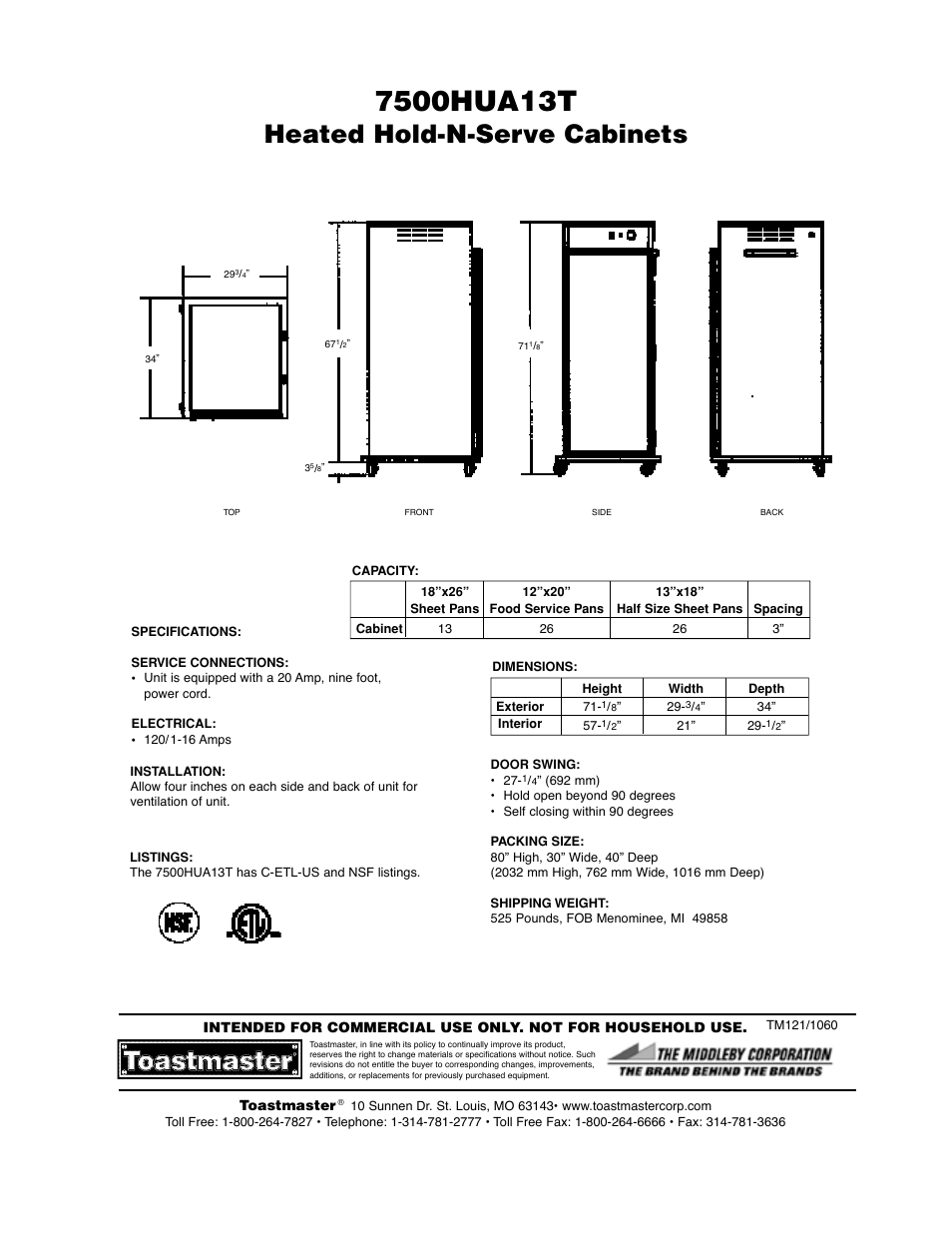 Heated hold-n-serve cabinets | Toastmaster 7500-H-UA13T User Manual | Page 2 / 2