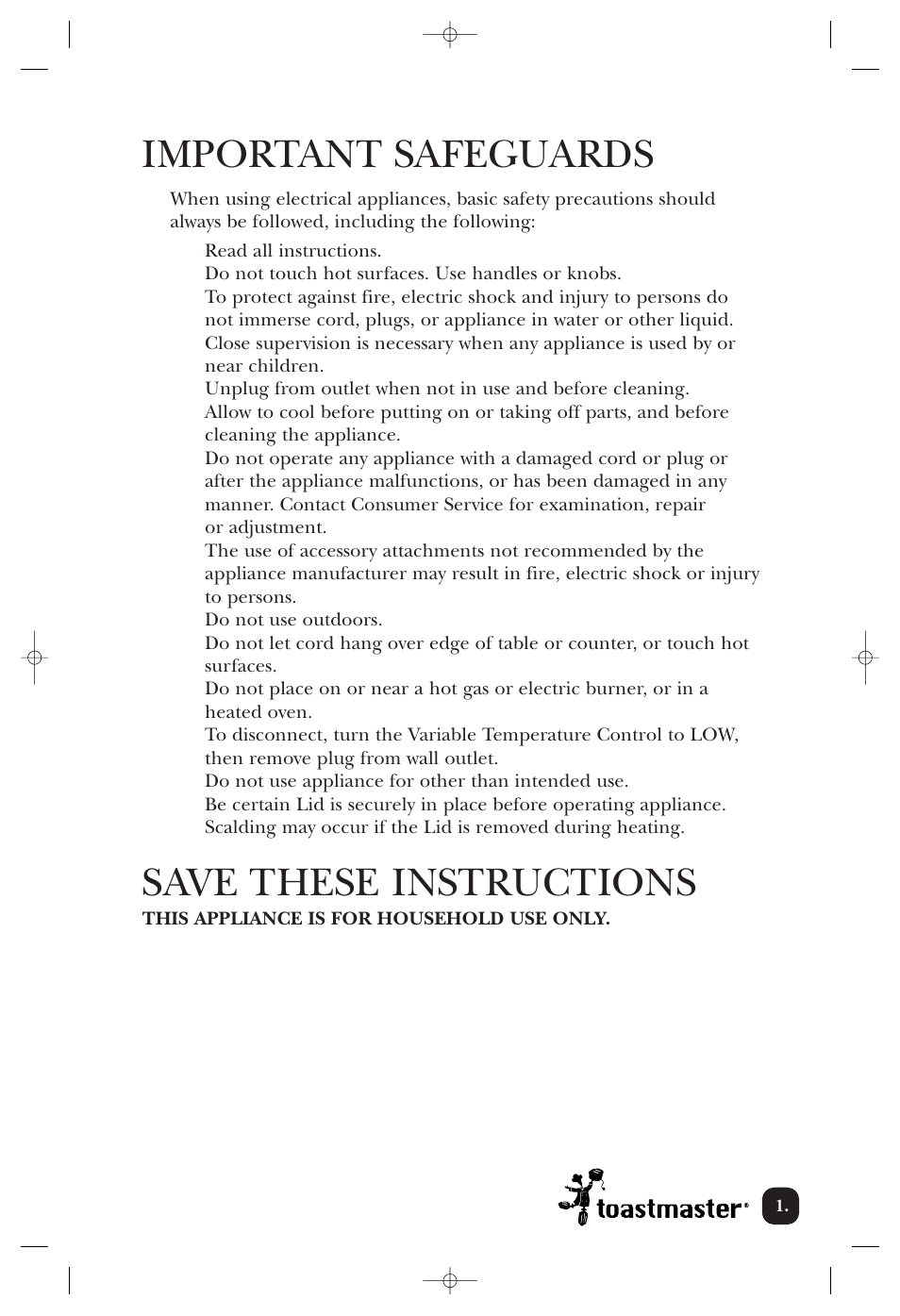 Important safeguards, Save these instructions | Toastmaster THP32W User Manual | Page 2 / 12