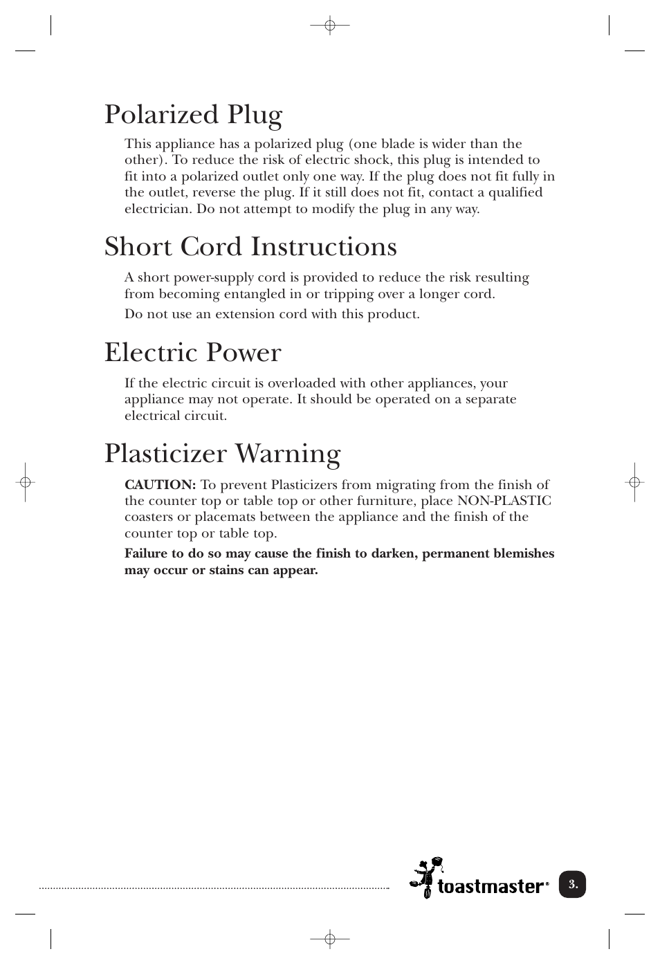 Polarized plug, Short cord instructions, Electric power | Plasticizer warning | Toastmaster THP32W User Manual | Page 4 / 12