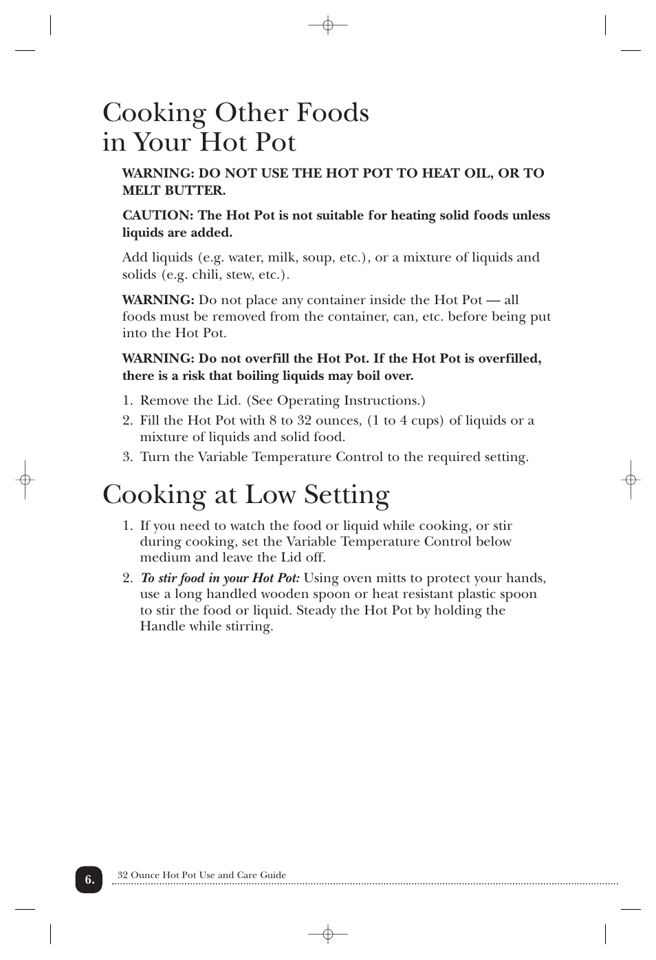 Cooking other foods in your hot pot, Cooking at low setting | Toastmaster THP32W User Manual | Page 7 / 12