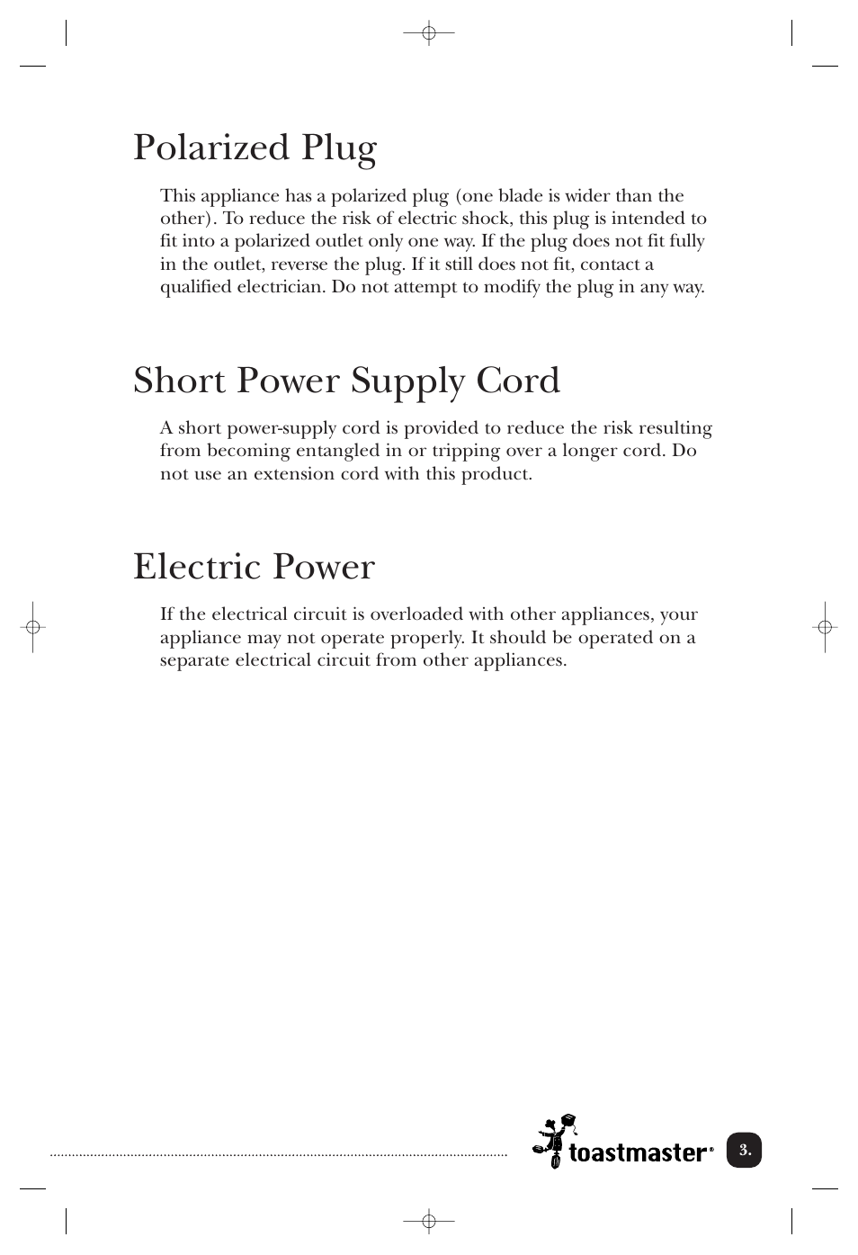 Polarized plug, Short power supply cord, Electric power | Toastmaster 18BCAN User Manual | Page 4 / 24