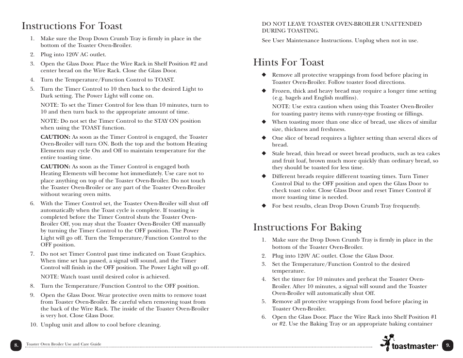 Hints for toast, Instructions for baking, Instructions for toast | Toastmaster TOV350W User Manual | Page 10 / 22