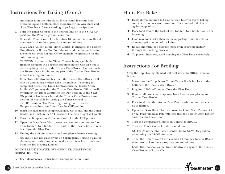 Hints for bake, Instructions for broiling, Instructions for baking (cont.) | Toastmaster TOV350W User Manual | Page 11 / 22