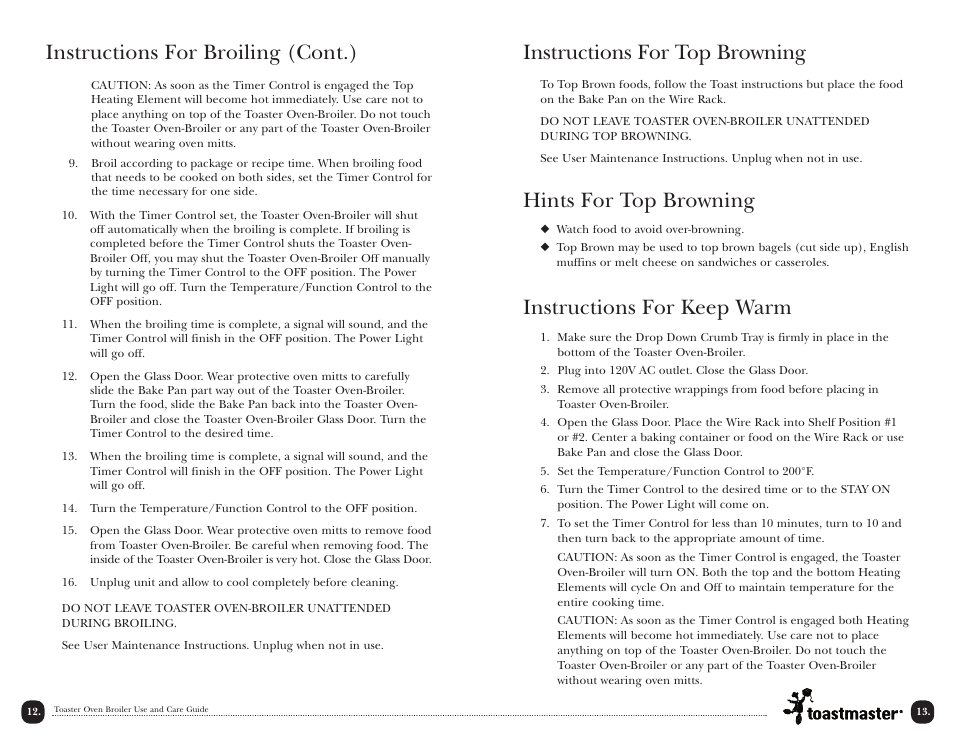 Instructions for top browning, Hints for top browning, Instructions for keep warm | Instructions for broiling (cont.) | Toastmaster TOV350W User Manual | Page 13 / 22