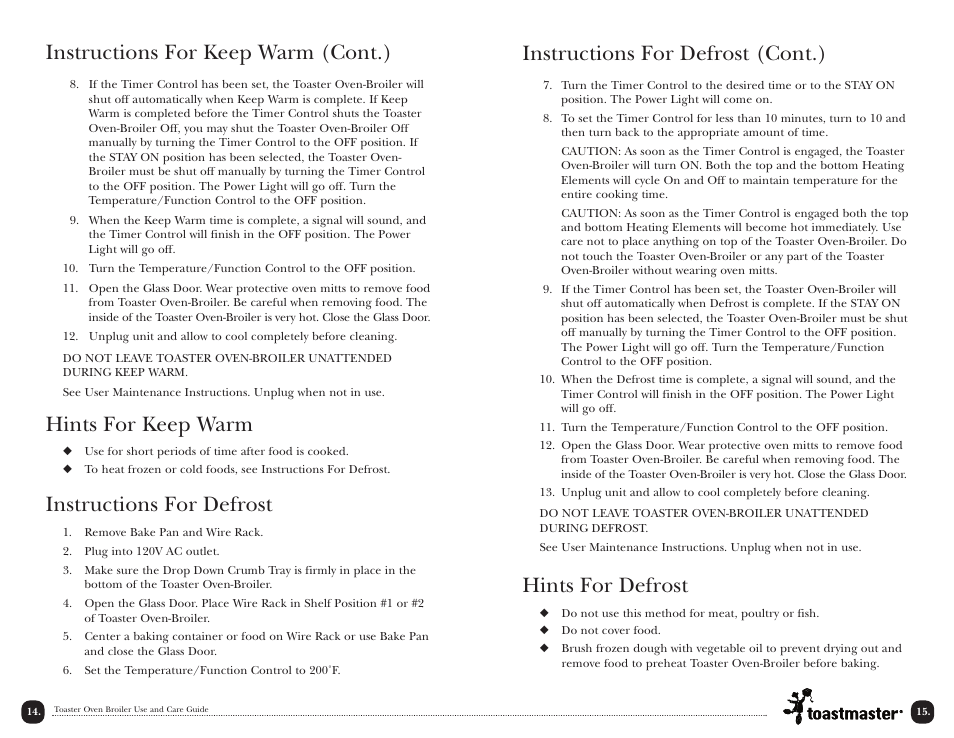 Instructions for defrost (cont.), Hints for defrost, Hints for keep warm | Instructions for defrost, Instructions for keep warm (cont.) | Toastmaster TOV350W User Manual | Page 15 / 22