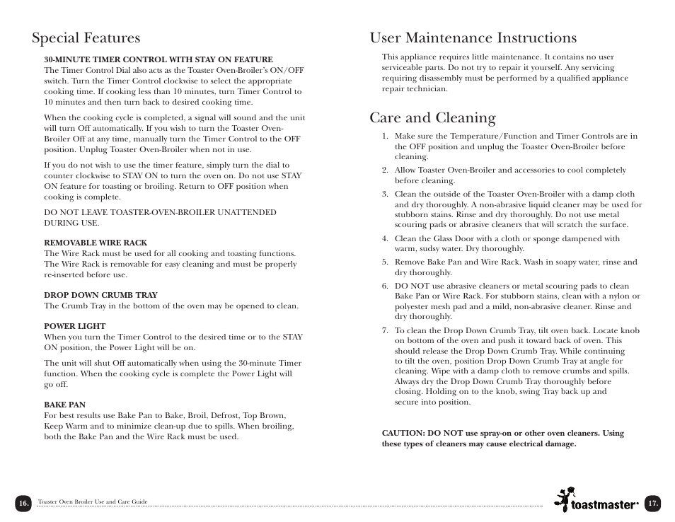 User maintenance instructions, Care and cleaning, Special features | Toastmaster TOV350W User Manual | Page 17 / 22