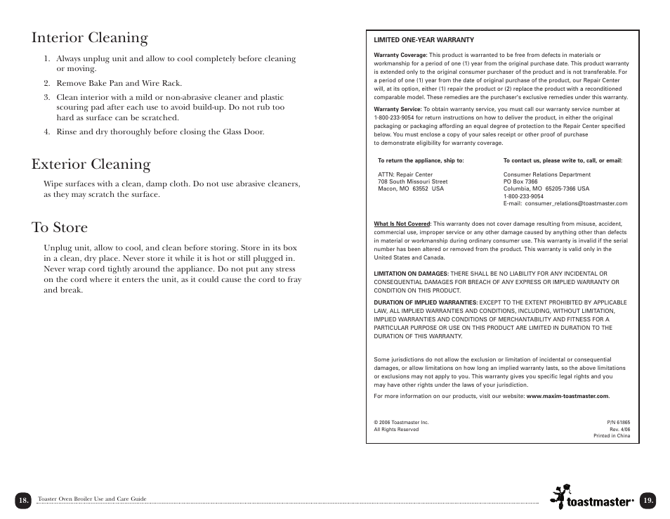 Interior cleaning, Exterior cleaning | Toastmaster TOV350W User Manual | Page 19 / 22