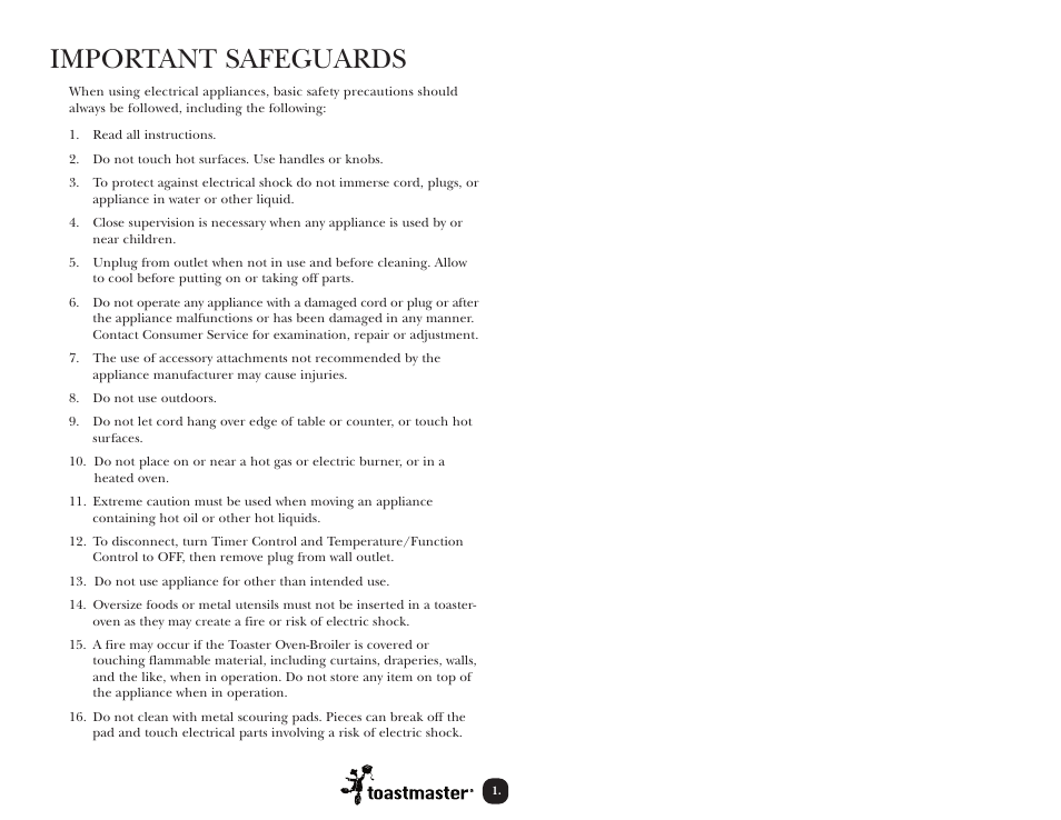 Important safeguards | Toastmaster TOV350W User Manual | Page 2 / 22