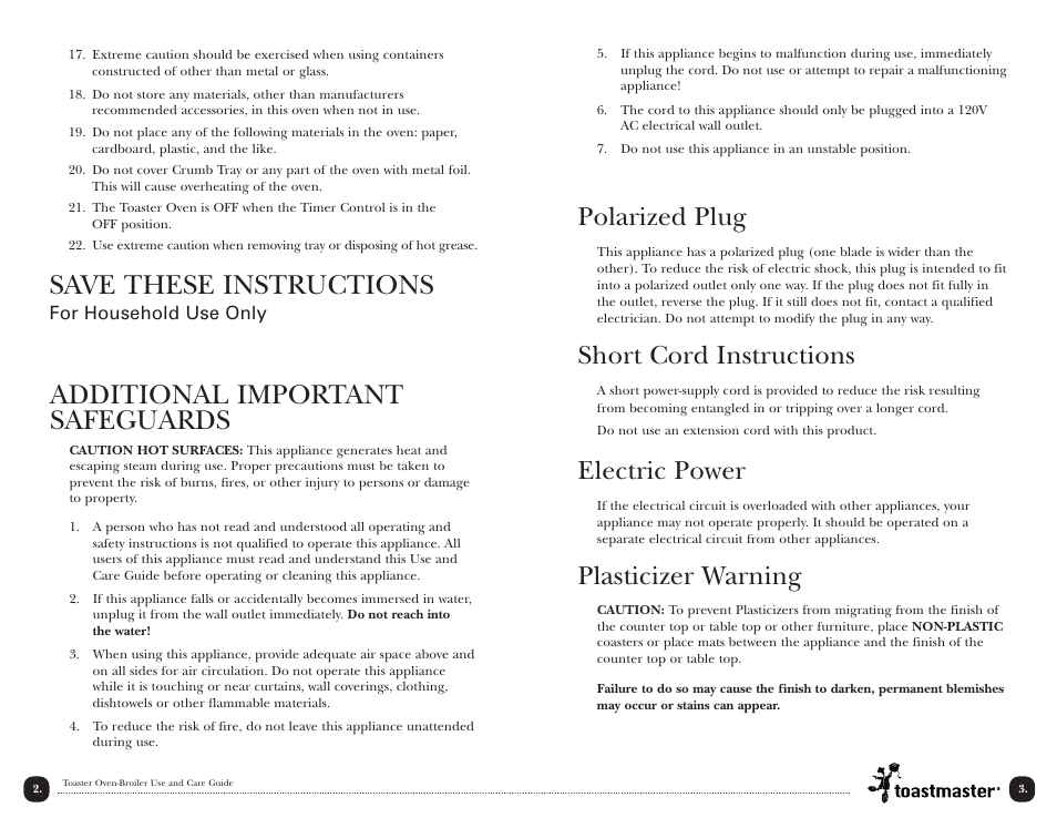 Additional important safeguards, Save these instructions, Polarized plug | Short cord instructions, Electric power, Plasticizer warning | Toastmaster TOV350W User Manual | Page 3 / 22