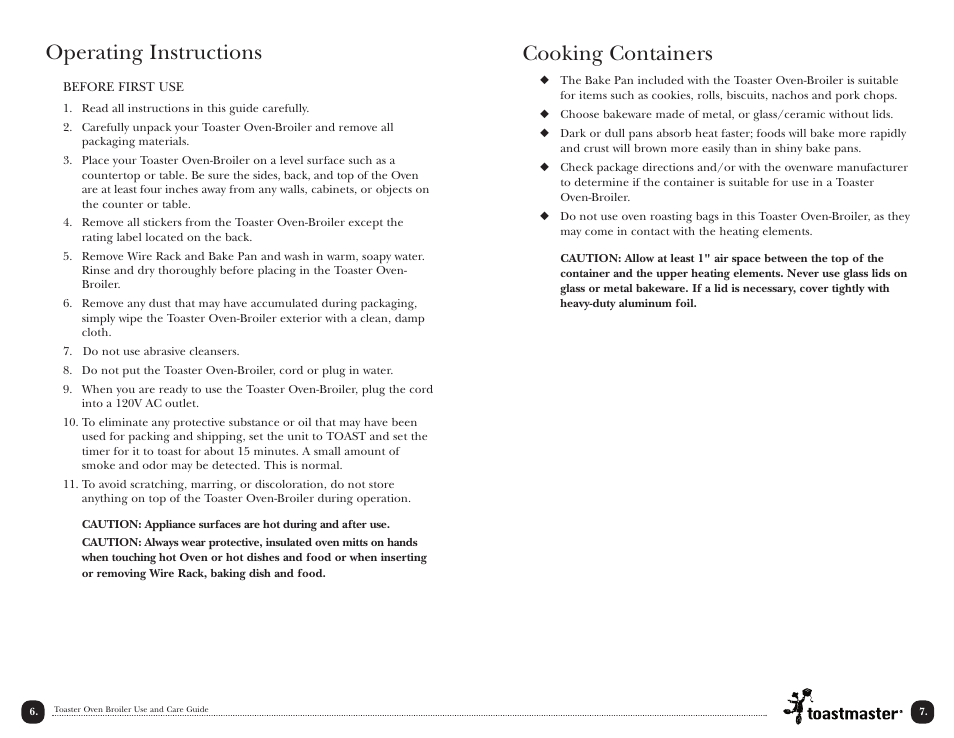 Cooking containers, Operating instructions | Toastmaster TOV350W User Manual | Page 7 / 22