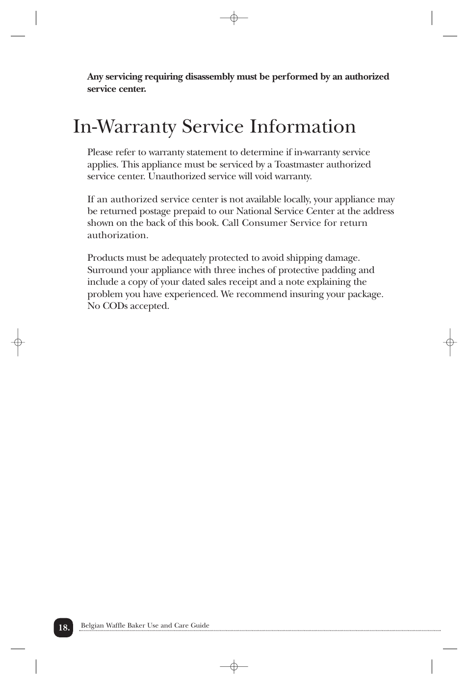 In-warranty service information | Toastmaster TWB4BEL User Manual | Page 19 / 22