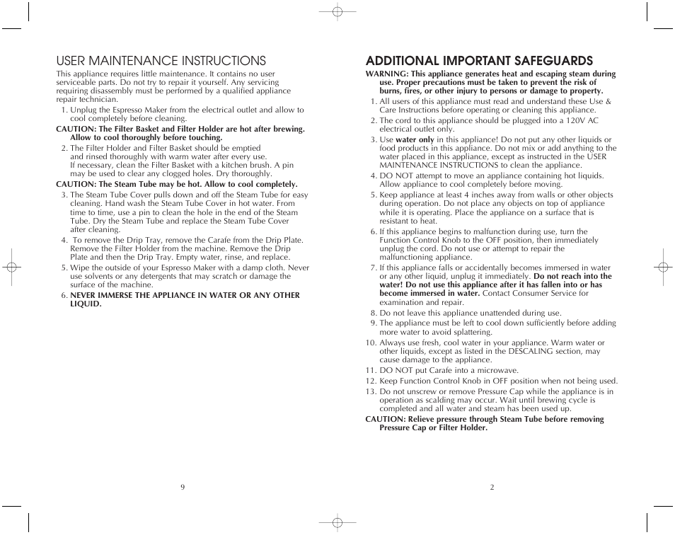 User maintenance instructions, Additional important safeguards | Toastmaster FES4B User Manual | Page 10 / 12