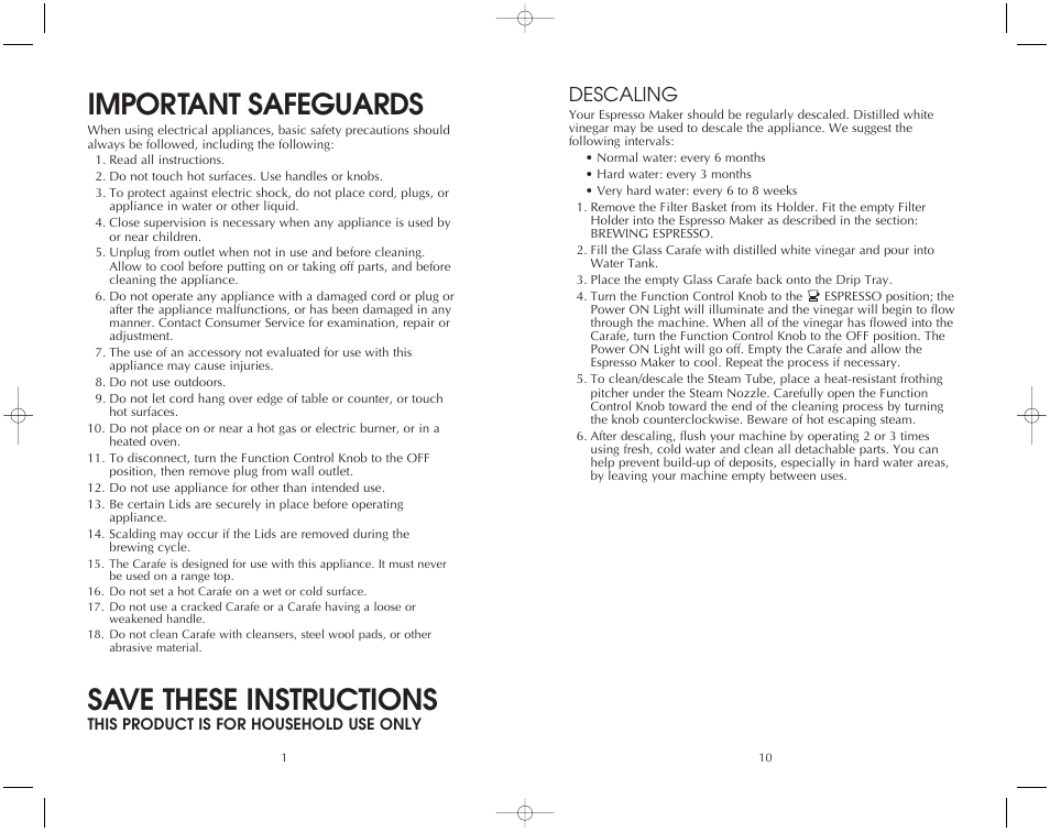 Important safeguards, Save these instructions, Descaling | Toastmaster FES4B User Manual | Page 11 / 12