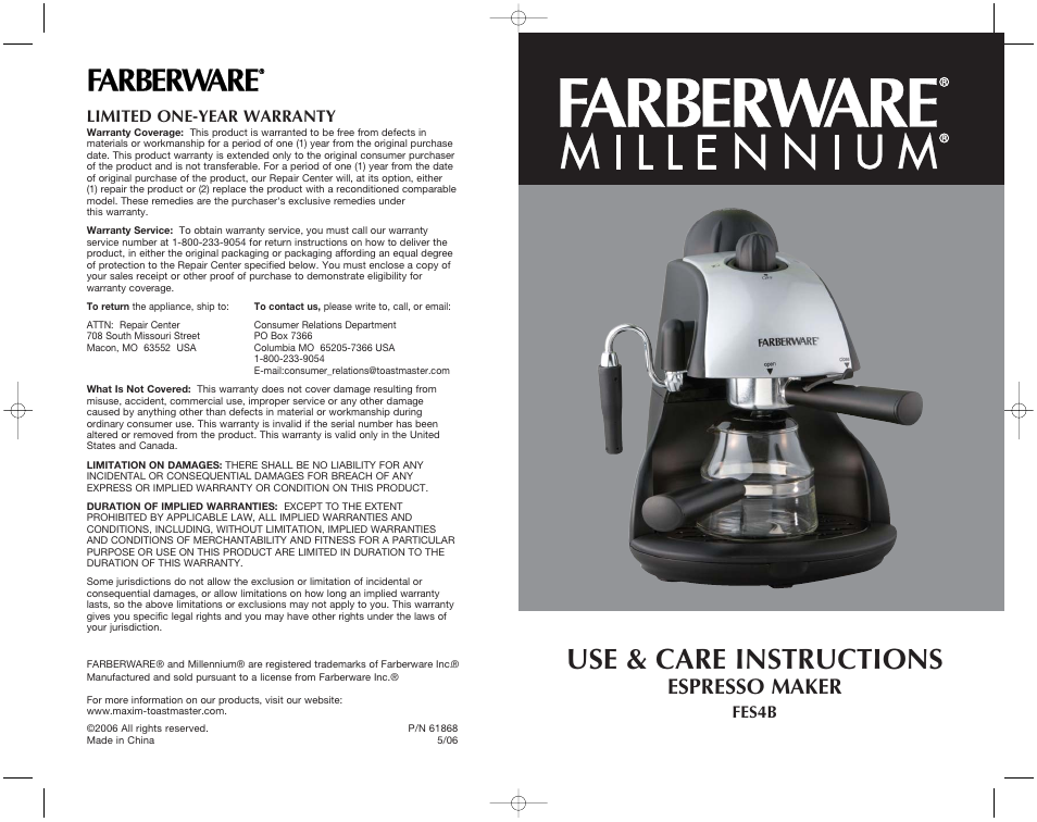 Use & care instructions, Espresso maker, Fes4b limited one-year warranty | Toastmaster FES4B User Manual | Page 12 / 12