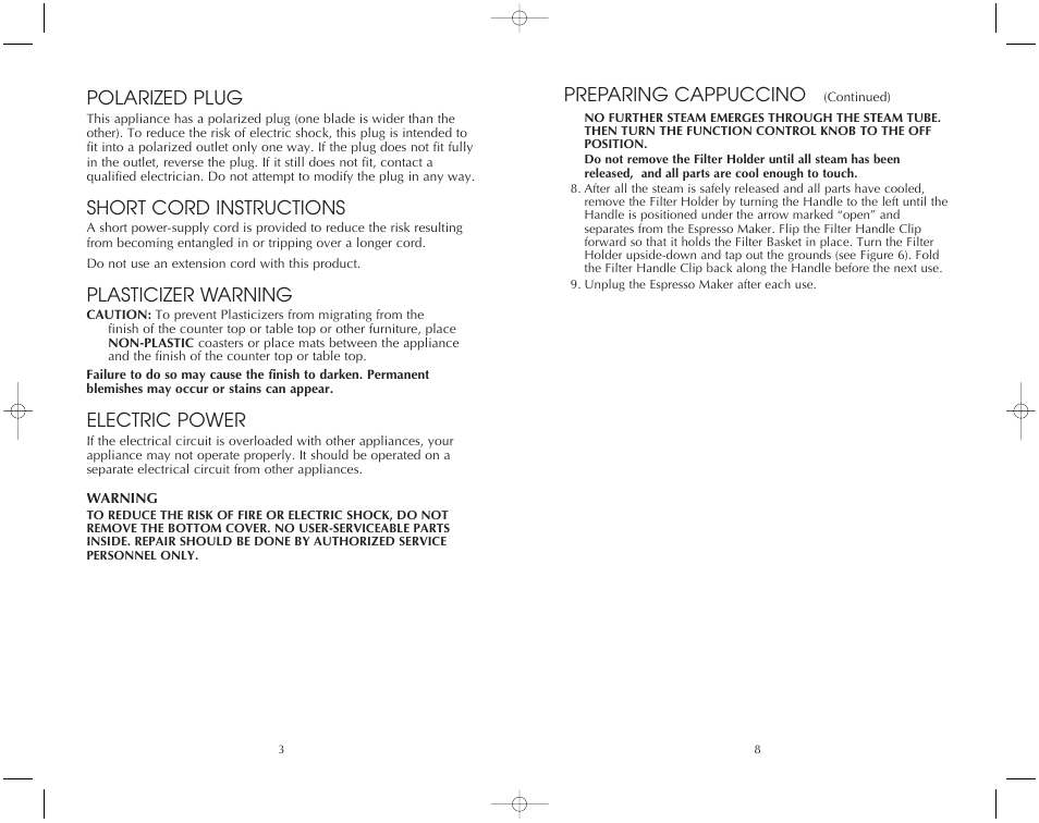 Preparing cappuccino, Polarized plug, Short cord instructions | Plasticizer warning, Electric power | Toastmaster FES4B User Manual | Page 4 / 12