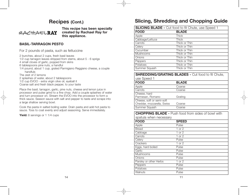 Recipes, Slicing, shredding and chopping guide, Cont.) | Toastmaster RRFP1A/T TM User Manual | Page 14 / 24