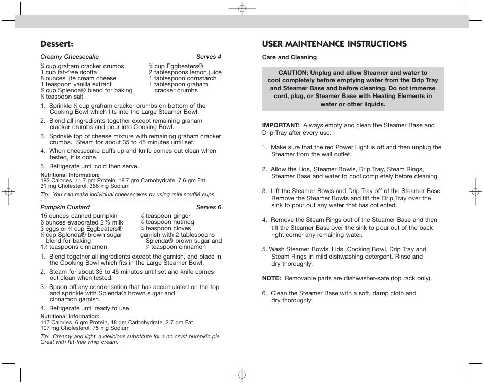 User maintenance instructions, Dessert | Toastmaster EST7 User Manual | Page 15 / 48