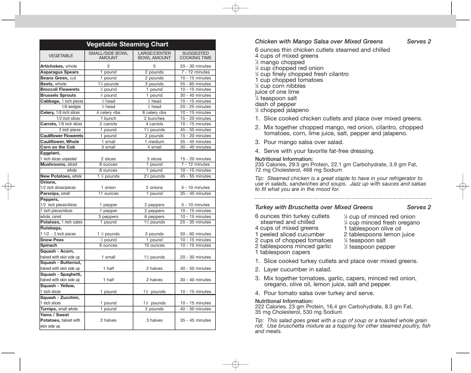 Vegetable steaming chart, Mango chopped, Cup chopped red onion | Cup corn nibbles juice of one lime, Teaspoon salt dash of pepper, Cup of minced red onion, Teaspoon salt, Teaspoon pepper | Toastmaster EST7 User Manual | Page 20 / 48