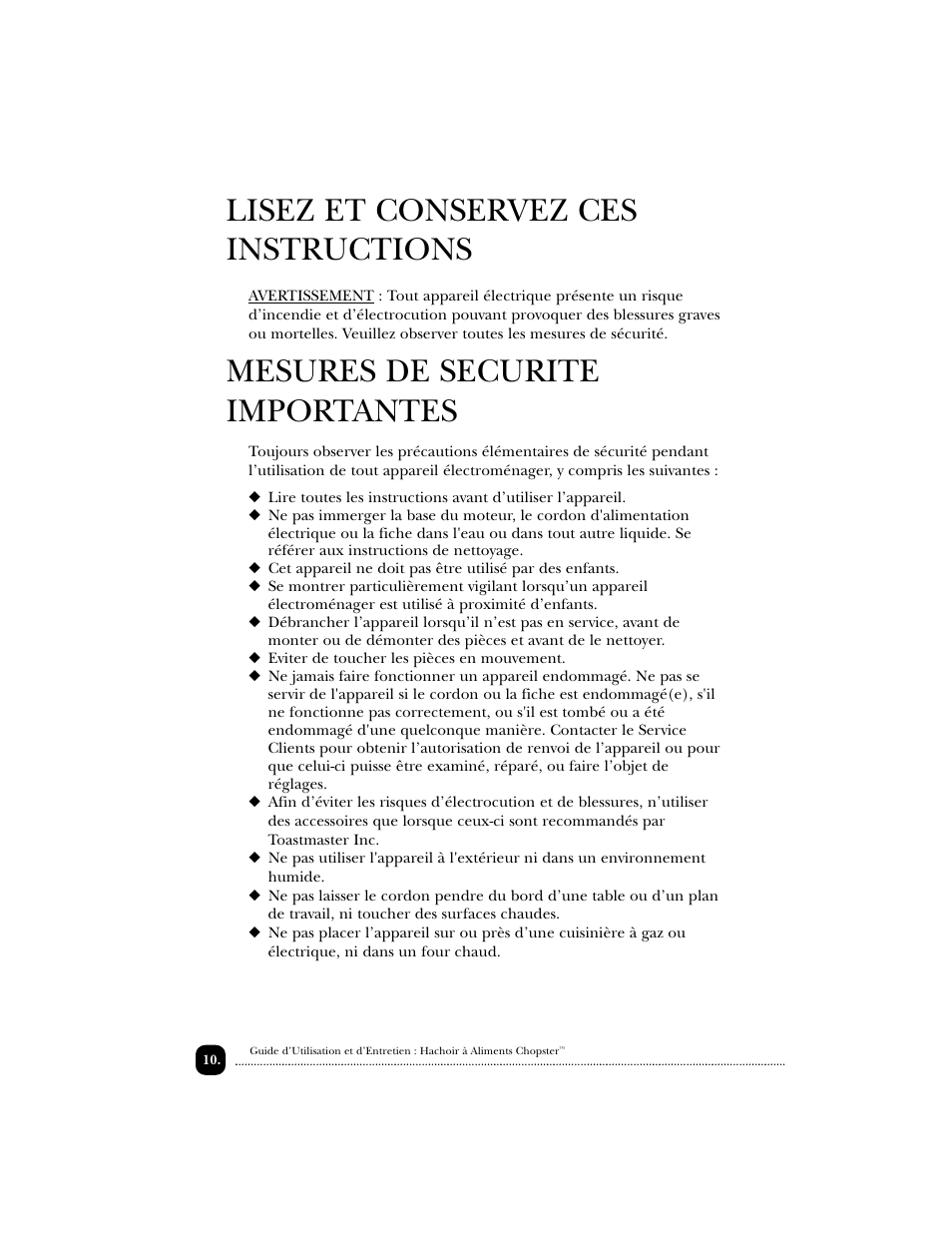 Lisez et conservez ces instructions, Mesures de securite importantes | Toastmaster 1122 User Manual | Page 11 / 30