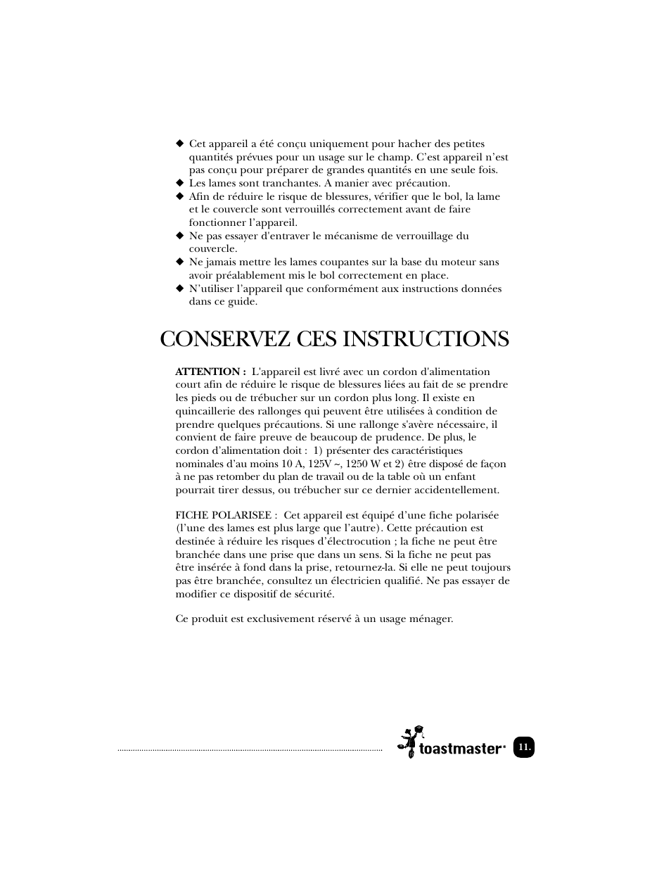 Conservez ces instructions | Toastmaster 1122 User Manual | Page 12 / 30