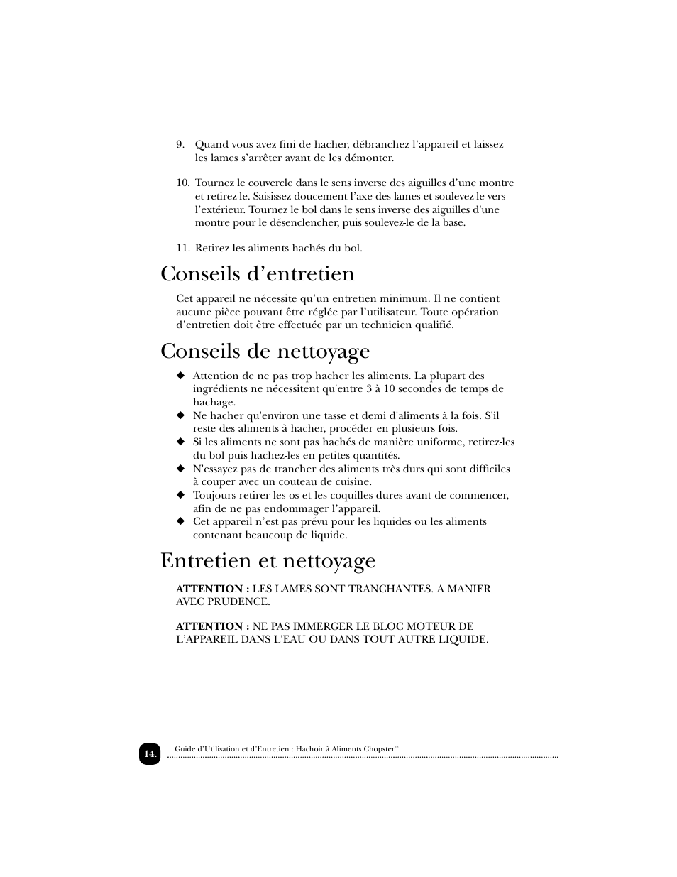 Conseils d’entretien, Conseils de nettoyage, Entretien et nettoyage | Toastmaster 1122 User Manual | Page 15 / 30