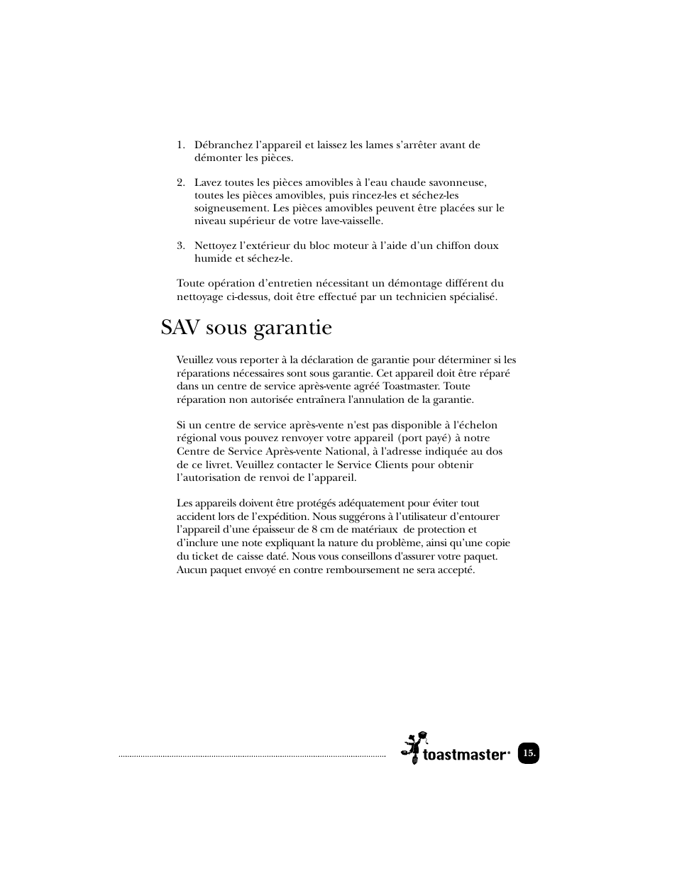 Sav sous garantie | Toastmaster 1122 User Manual | Page 16 / 30