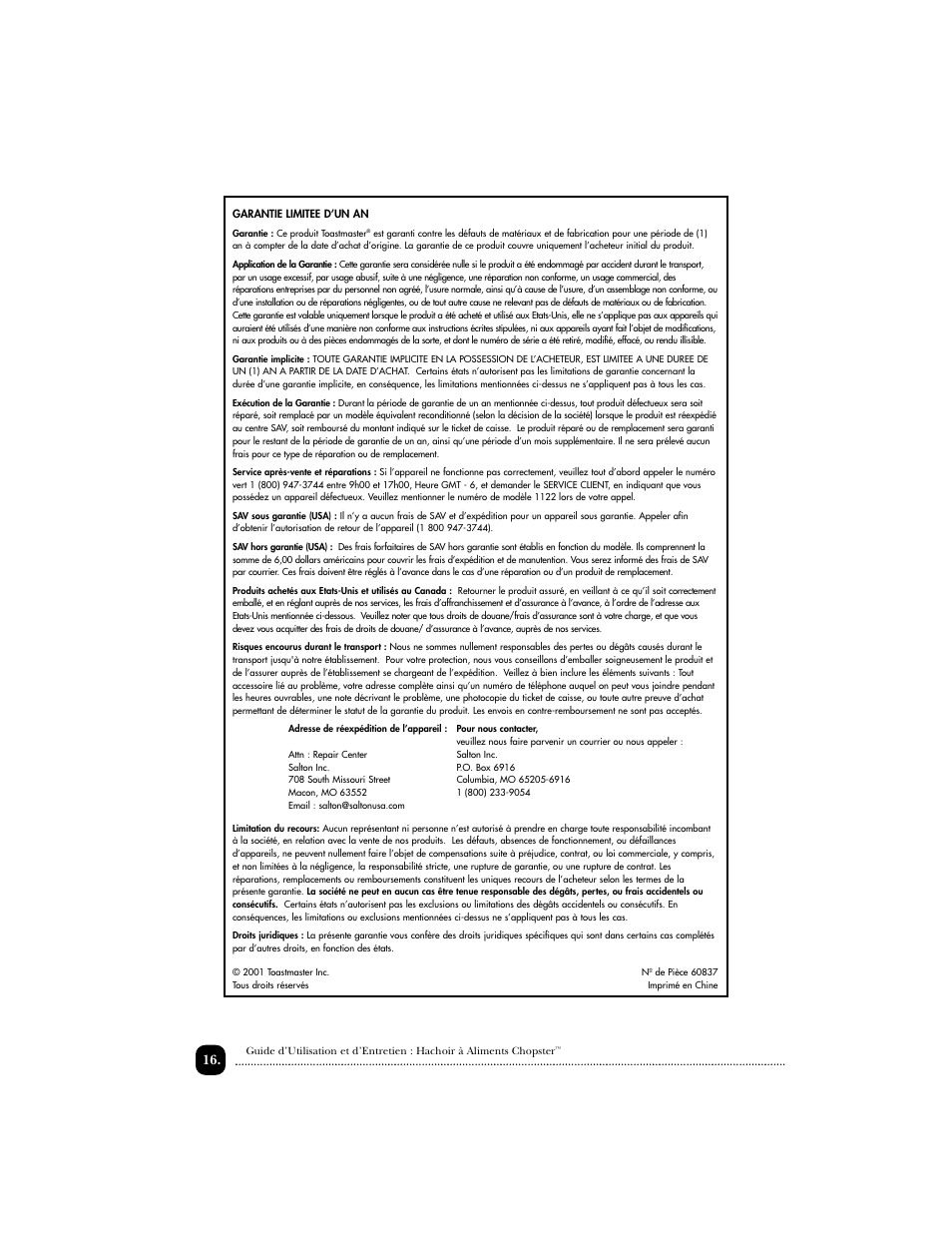 Toastmaster 1122 User Manual | Page 17 / 30