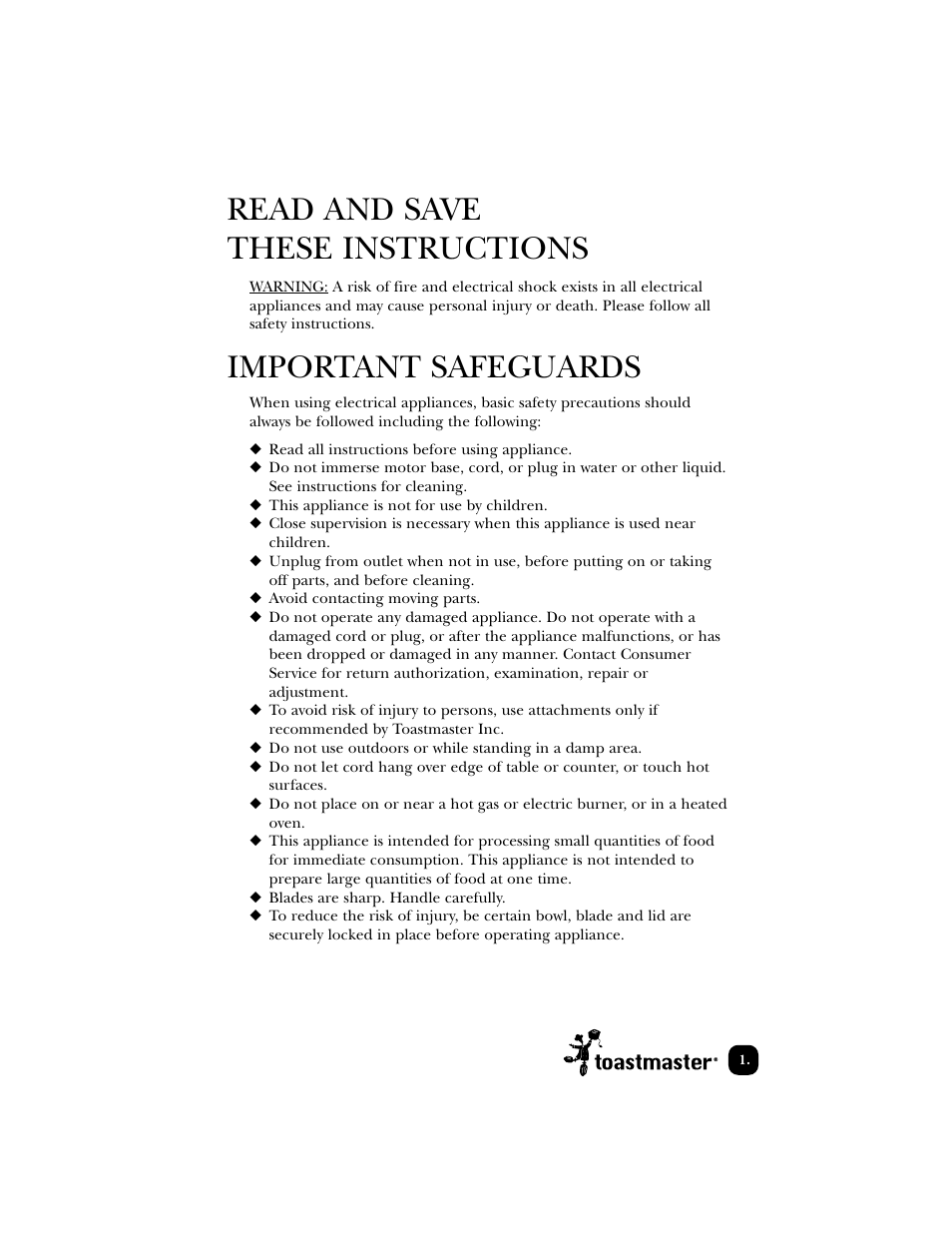 Read and save these instructions, Important safeguards | Toastmaster 1122 User Manual | Page 2 / 30