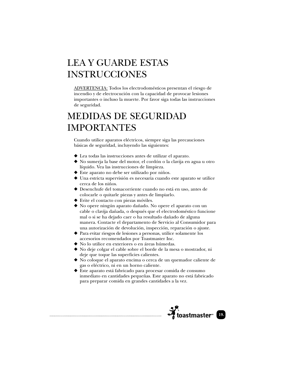 Lea y guarde estas instrucciones, Medidas de seguridad importantes | Toastmaster 1122 User Manual | Page 20 / 30