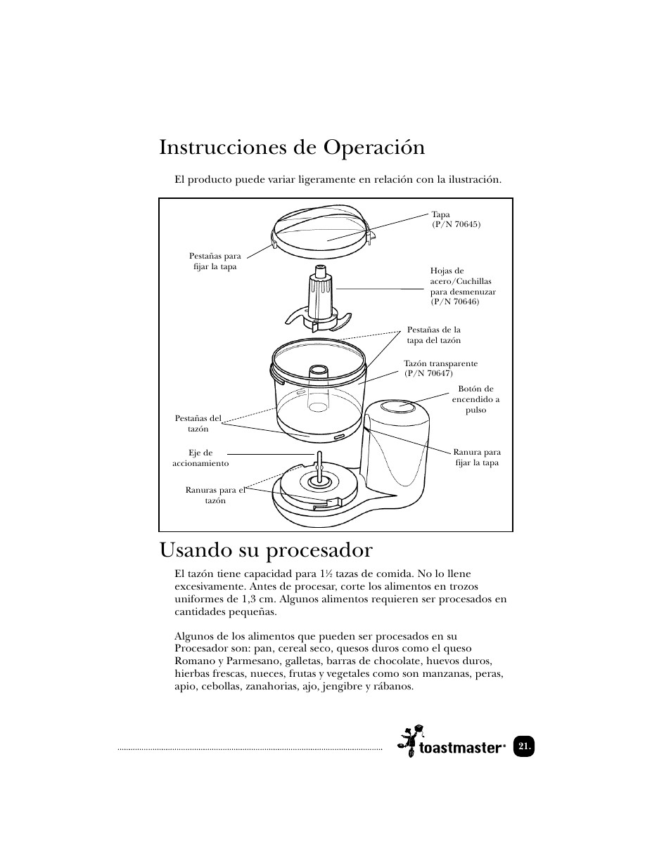 Instrucciones de operación, Usando su procesador | Toastmaster 1122 User Manual | Page 22 / 30